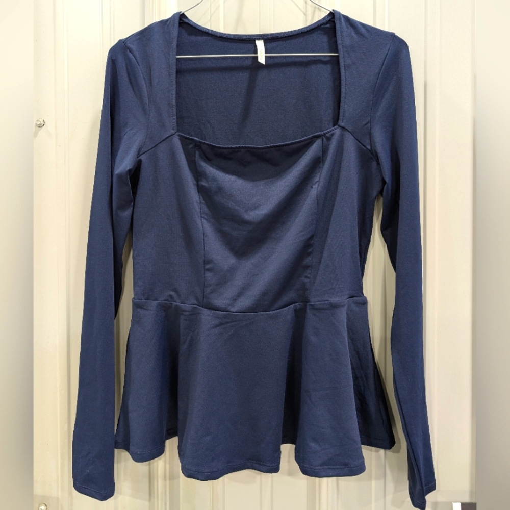 HALARA Blue Long Sleeve Square Neck Blouse
